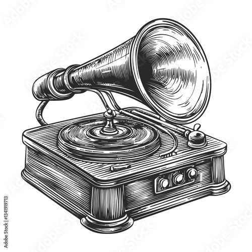 Vintage Woodcut Gramophone with Horn Speaker and Record Player Design