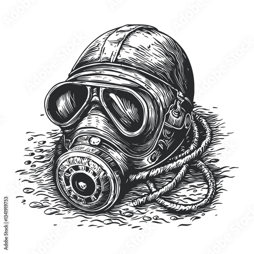 Detailed Woodcut Style Illustration of Vintage Gas Mask Design