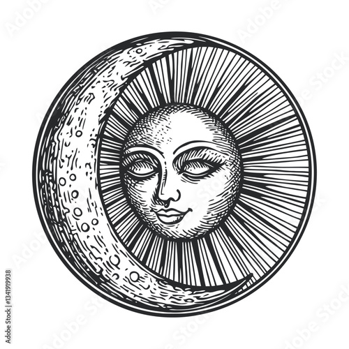 Vintage woodcut style sun and moon illustration with detailed rays