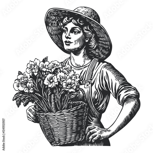 Vintage Woodcut of Woman Holding Basket of Flowers in Hat