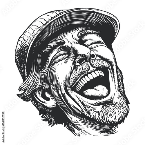 Vintage Woodcut Illustration of a Joyful Man Laughing Out Loud