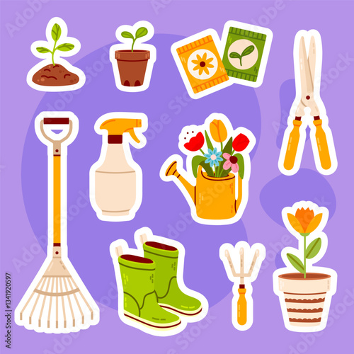 A collection of gardening-themed sticker illustrations featuring tools, plants, wheelbarrows, gloves, boots, watering cans, and seed packets. Ideal for garden planners, DIY projects, and home decor.