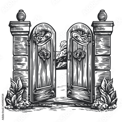 Vintage Woodcut Style Garden Gate with Ornate Design Elements