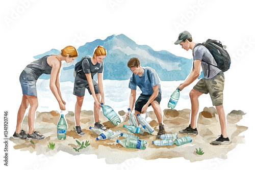 Four individuals are collecting plastic bottles from a sandy area, actively participating in an environmental cleanup effort.