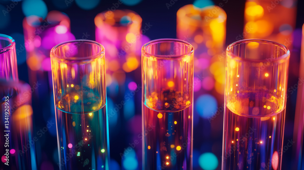 test tube and colorful abstract background. science and research.