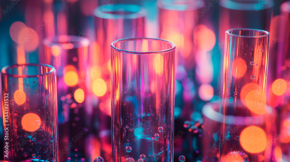 test tube and colorful abstract background. science and research.
