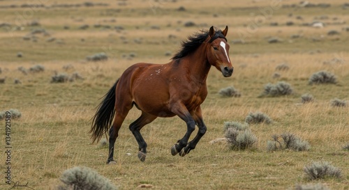 Wild horse galloping across open plains with shrubs in background