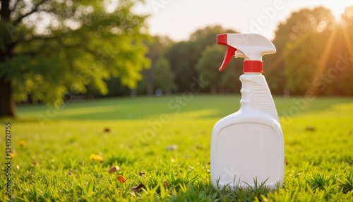 Weed killer spray bottle in park grass at golden hour, gardening concept