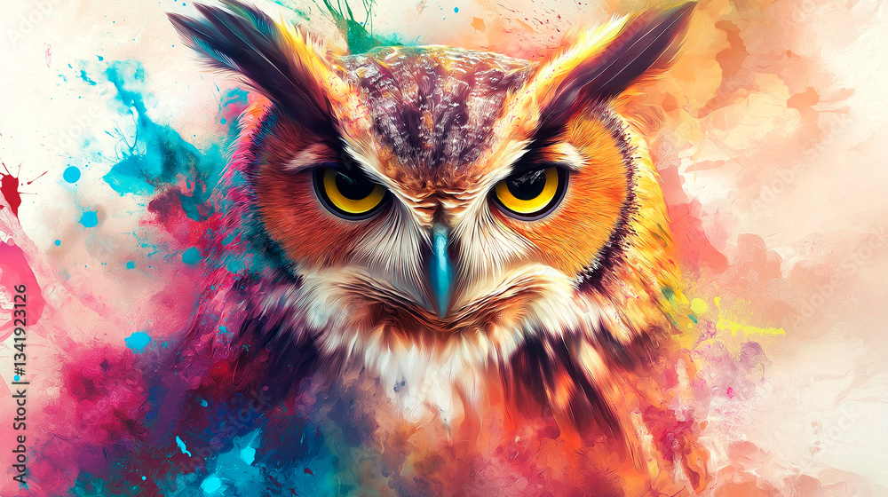 colorful painting of owl with abstract paint texture.