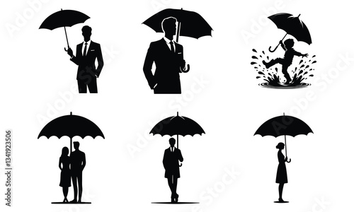 Elegant Silhouettes: People and Umbrellas in Artful Motion