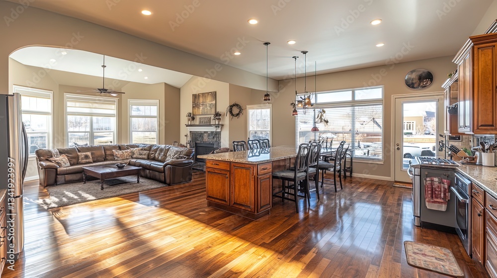 Fototapeta premium A spacious home with an open kitchen, high-end appliances, and a dining area, ideal for entertaining 