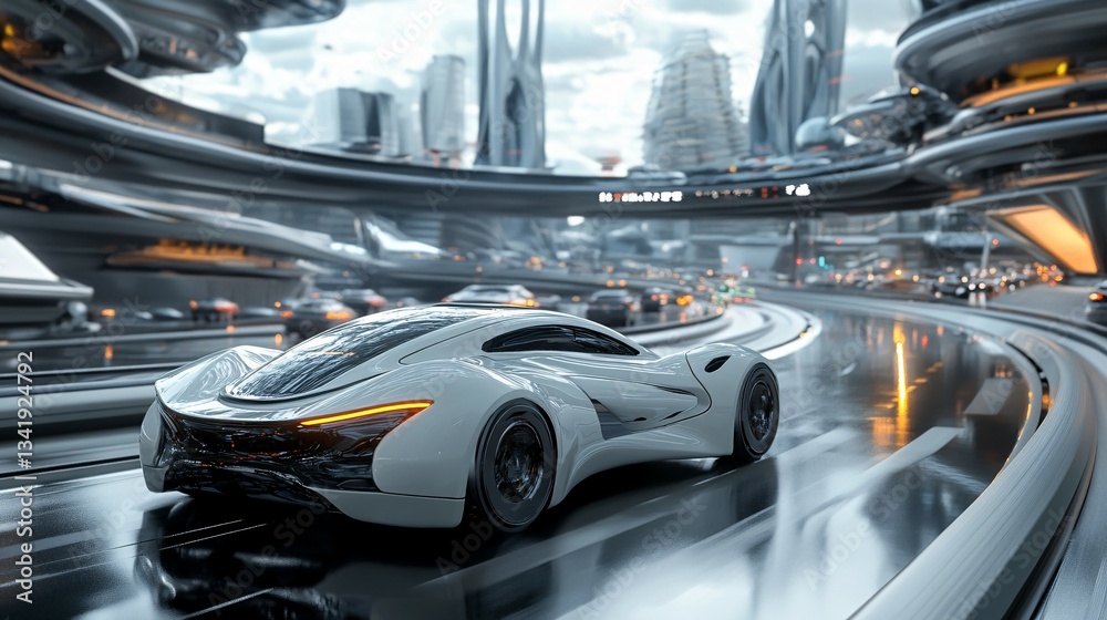 Fototapeta premium A futuristic white sports car speeding through a modern cityscape