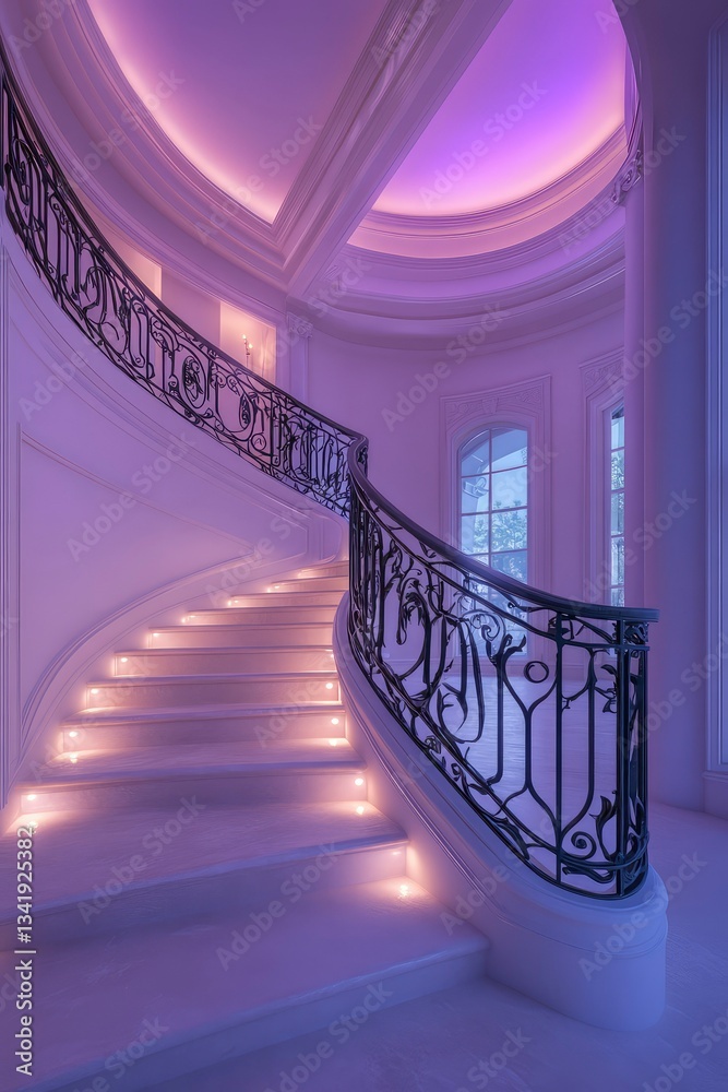 Obraz premium Lavish Purple-Lit Grand Staircase in Luxurious Mansion Interior