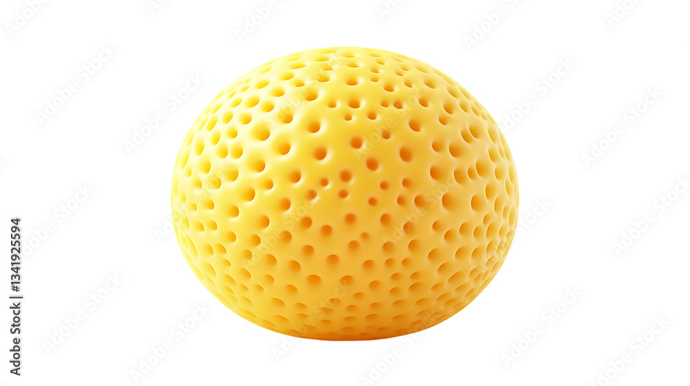 The image showcases a yellow sphere with evenly distributed circular holes, resembling a stylized porous structure.