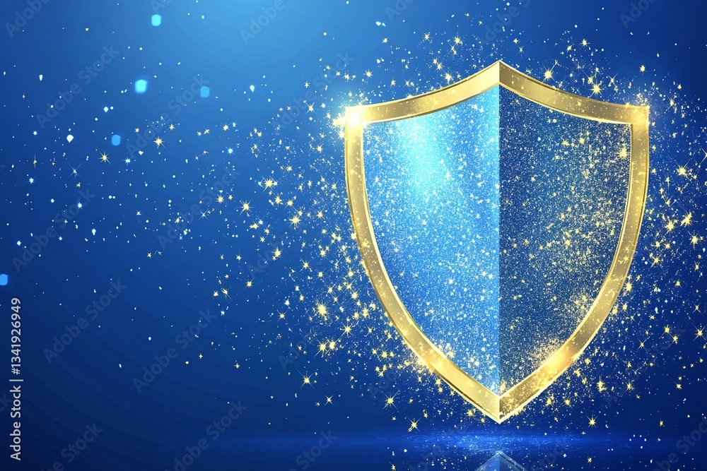 Fototapeta premium Sparkling Blue and Gold Glitter Shield Security Protection Safety Concept