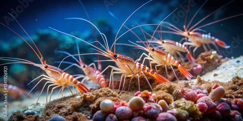 Striped marine crustaceans foraging on an ocean floor teeming with colorful benthic organisms