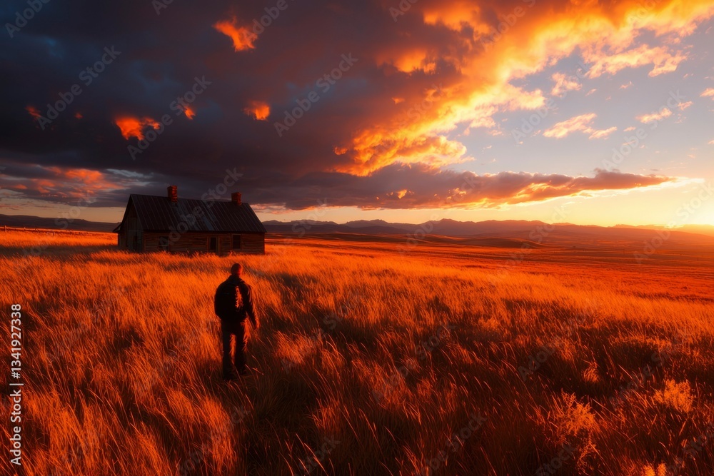 Fototapeta premium Man walks to shack in golden grass field during a dramatic sunset. Use travel