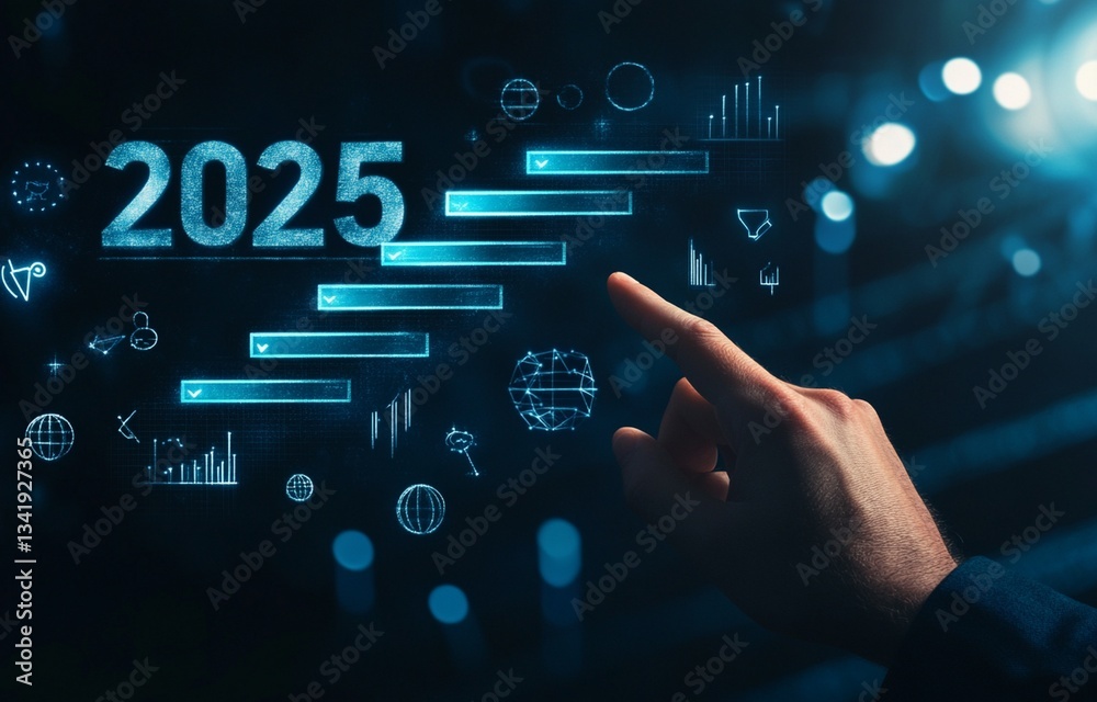 Fototapeta premium Businessman hand touching numbers 2025 and planning their business to advance in coming year