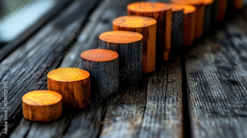 Wooden Cylinders Ascending on Rustic Wooden Surface: A Visual Metaphor for Growth and Progress