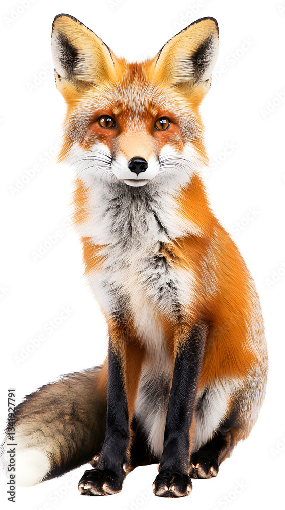 Highly detailed, photorealistic red fox sitting gracefully on a white background Highly detailed, photorealistic red fox sitting gracefully on a white background