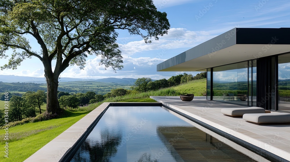 Fototapeta premium A modern minimalist house on a hilltop, large windows with breathtaking views of nature 
