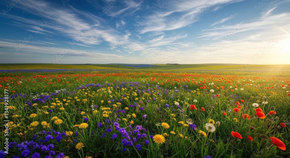 Fototapeta premium Vibrant Wildflower Meadow Under a Clear Blue Sky at Sunset