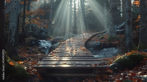 A rustic wooden hiking path covered in fallen autumn leaves, leading through a misty forest with sunbeams shining through the trees. Serene escape.