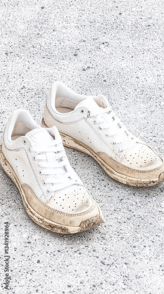 Naklejka premium Worn White Sneakers on Concrete Reflect Daily Use and Outdoor Adventures, Lifestyle Photography