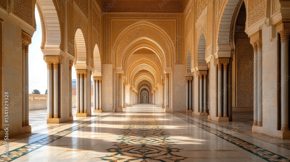 Obraz premium Moroccan Mosque Courtyard, Sunlight, Architecture, Tranquil Path