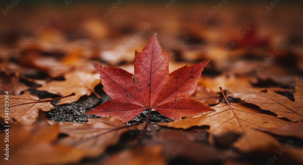 Vibrant red maple leaf on a bed of autumn leaves in a serene forest Vibrant red maple leaf on a bed of autumn leaves in a serene forest