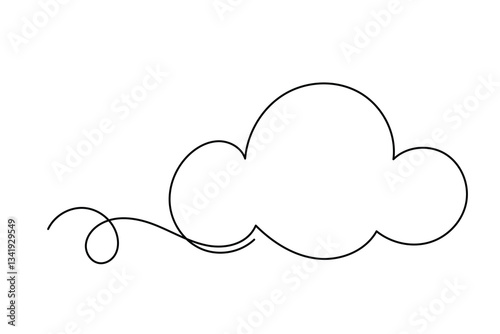 Line Art Fluffy Cloud  Doodle Symbol. Cute Hand Drawn Weather Element. Lovely Adorable Mascot. Outline Sketch One Continuous Line Art Decoration 