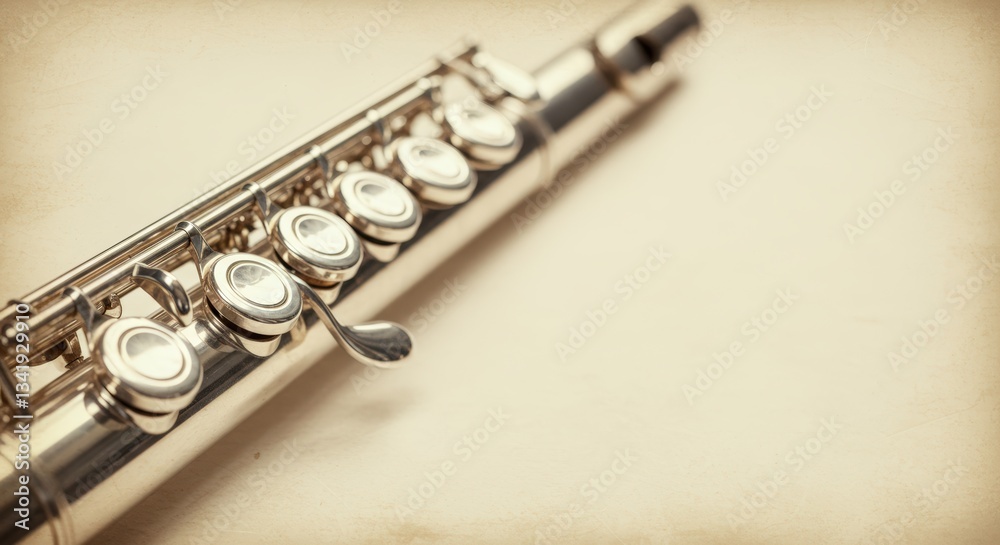 Fototapeta premium A silver flute with five keys is shown on a white background. The image has a vintage feel to it, with a sepia tone that gives it a nostalgic appearance. The flute is the main focus of the image