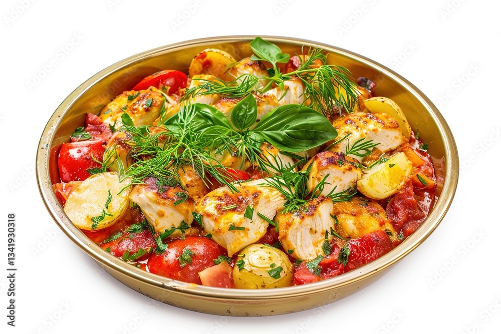 Chicken and potato skillet with tomatoes and fresh herbs on white background Chicken and potato skillet with tomatoes and fresh herbs on white background