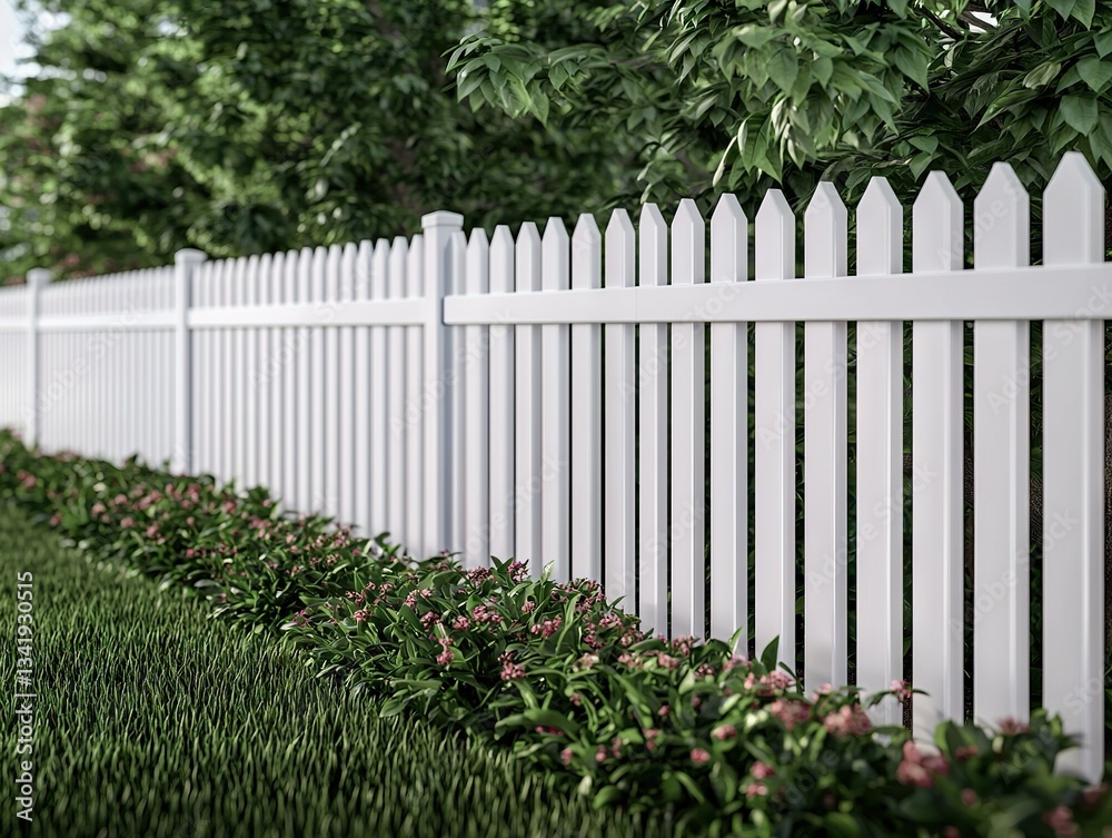 White picket fence surrounded by greenery residential garden 3d render peaceful environment close-up view White picket fence surrounded by greenery residential garden 3d render peaceful environment close-up view