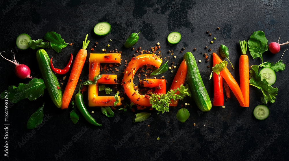 vegan text with fresh green vegetables on dark background. vegan concept