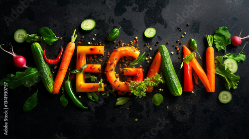 Obraz na płótnie vegan text with fresh green vegetables on dark background. vegan concept w salonie