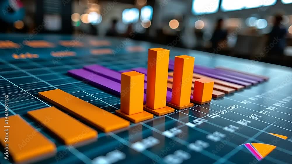 Colorful bar graph displaying data analysis in a modern office environment with blurred background