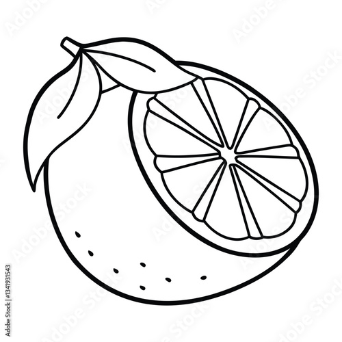 Simple Line Drawing of a Sliced Lemon with Leaves