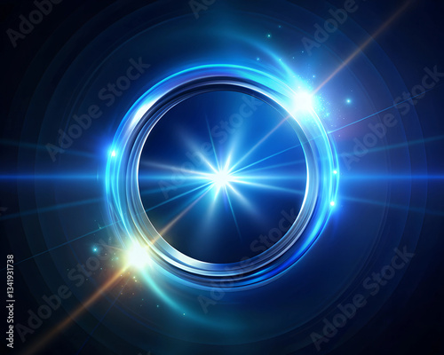 Abstract blue lens flare with ring design element. Abstract round blue  glowing background frame.