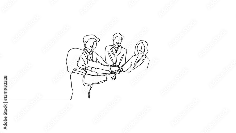 Team of people raising hands together in unity. Symbol of teamwork, success, and collaboration. Continuous line art drawing animation black and white. Team of people raising hands together in unity. Symbol of teamwork, success, and collaboration. Continuous line art drawing animation black and white.