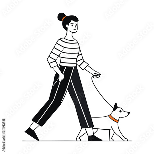 Woman Walking Dog in Striped Shirt, Simple Line Art Illustration