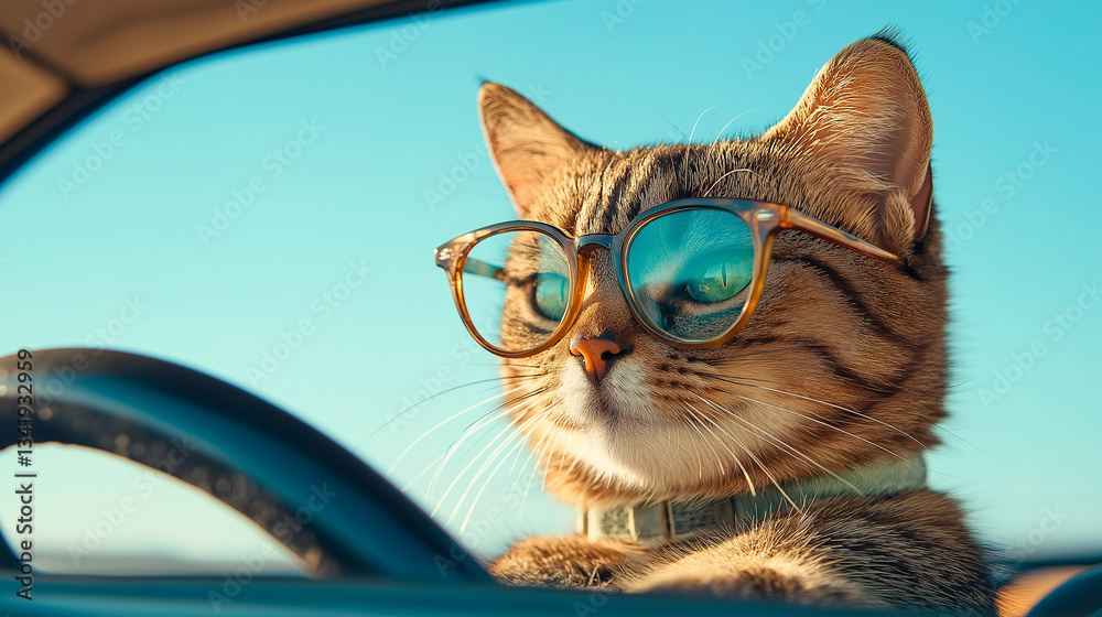 funny cat driving a car
