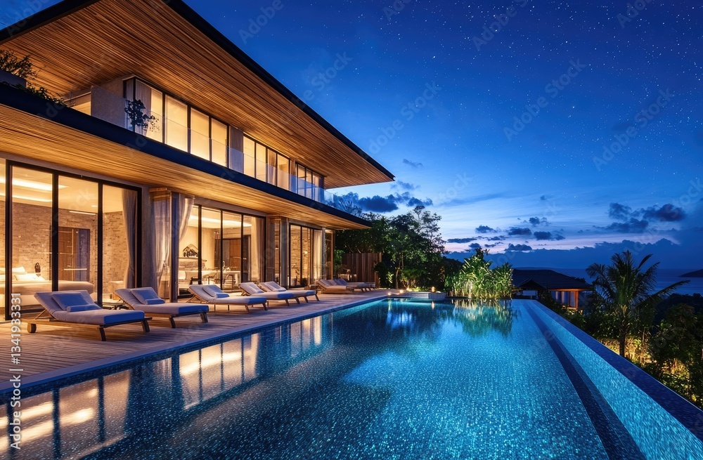 A modern and luxurious villa in Bali with an outdoor pool, a night view, a wooden deck near the swimming pool A modern and luxurious villa in Bali with an outdoor pool, a night view, a wooden deck near the swimming pool