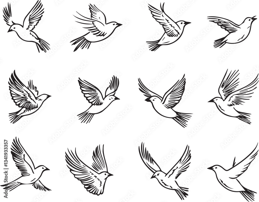Fototapeta premium Sparrow Birds line icons isolated
