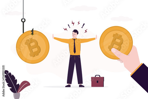 Refusal to use cryptocurrencies. Businessman investor does not want to use bitcoin for investments and payments. Danger of exchanging crypto currency,
