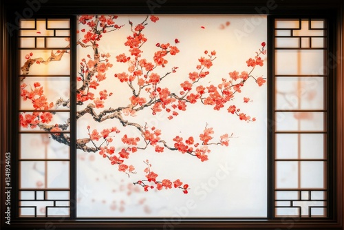 Elegant cherry blossom art behind window, calming indoor scene for home decor use
