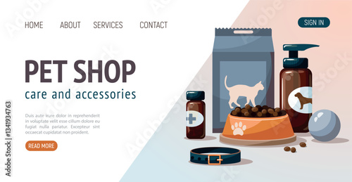 Pet shop concept web banner template. Various pet accessories and tools on white background.