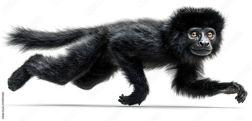 Black gibbon running swiftly in a vibrant and dynamic pose against a white background Black gibbon running swiftly in a vibrant and dynamic pose against a white background