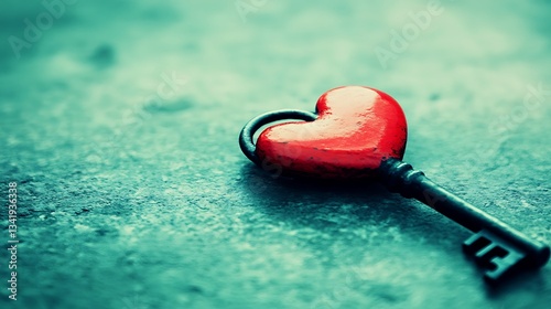 Red heart key on grunge background. Love, unlock
