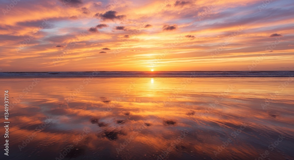 Obraz premium Vibrant sunset over tranquil beach with colorful reflections in water